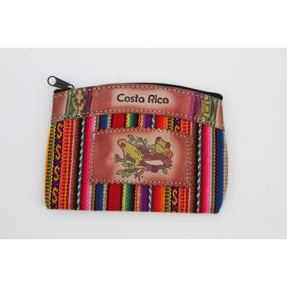 Costa Rica Woven Fabric & Leather Frog Coin Purse Multi-Color Hand Painted NWOT‎